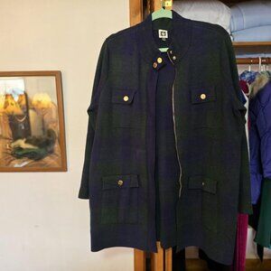 Anne Klein Navy & Green Plaid Knit Zip Front Jacket Gold Hardware L